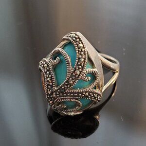 Turquoise and silver ring with marcasite scrolling, size 8 band